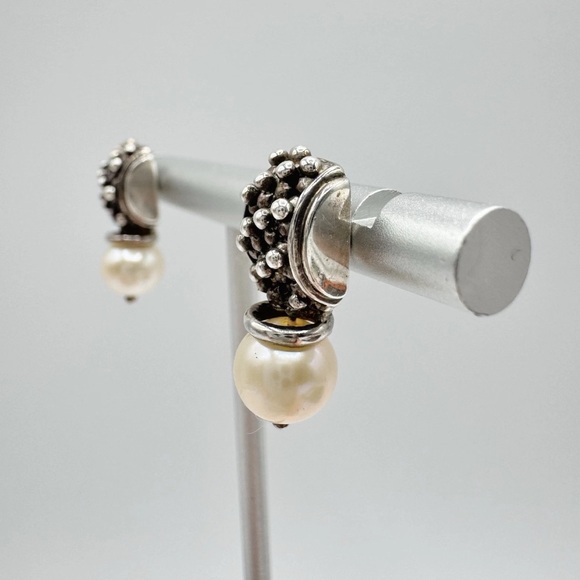 Michael Dawkins Caviar 925 Sterling Silver 14K Gold Posts Pearl Drop Earrings - Picture 8 of 9